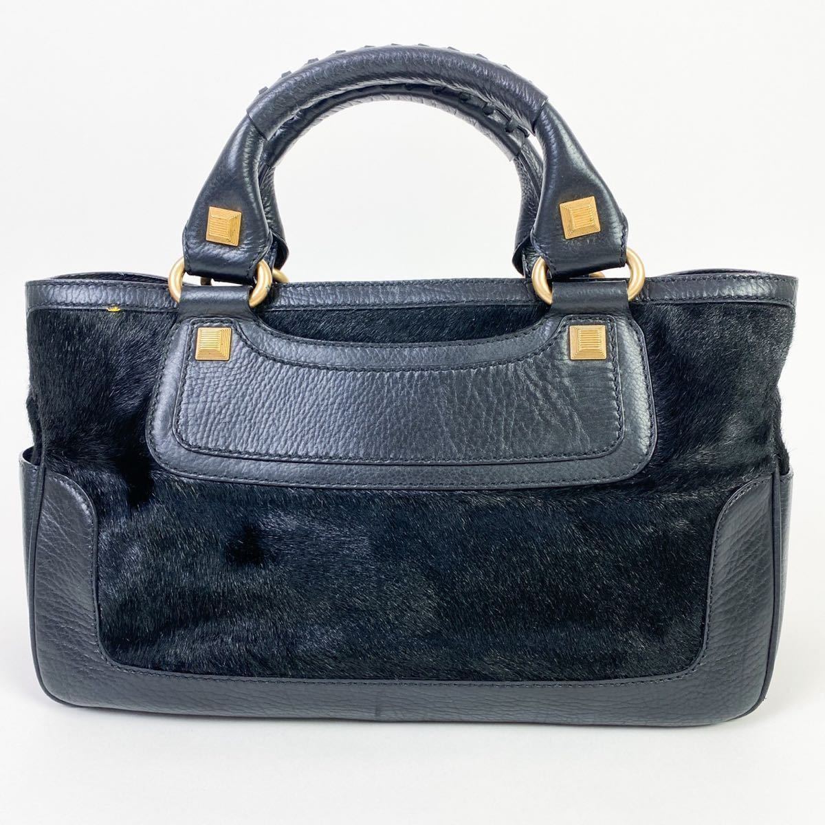 1円〜【極美品】CELINE セリーヌ ハンドバッグ ブギーバック ハラコ レザー スタッズ トリオンフ ゴールド金具 黒 ブラック カーフレザー セリーヌ ブギーバッグ ハンドバッグ マカダム □ [美品]