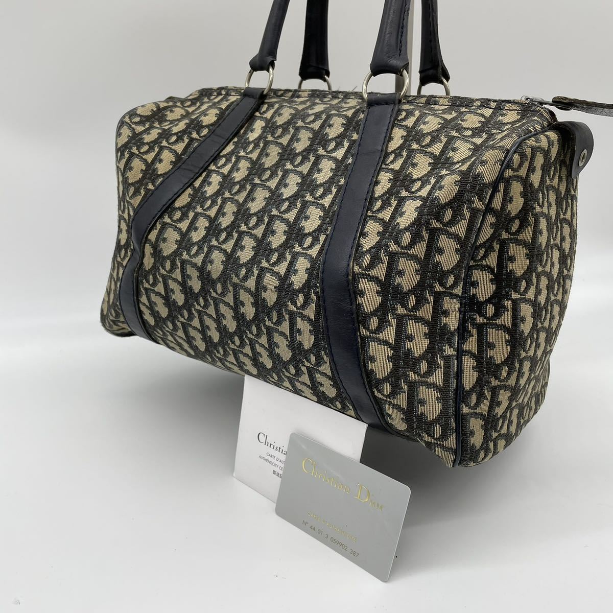 1円 Christian Dior クリスチャンディオール トロッター柄 ボストンバッグ ハンドバッグ 手提げ キャンバス ネイビー レディース D55