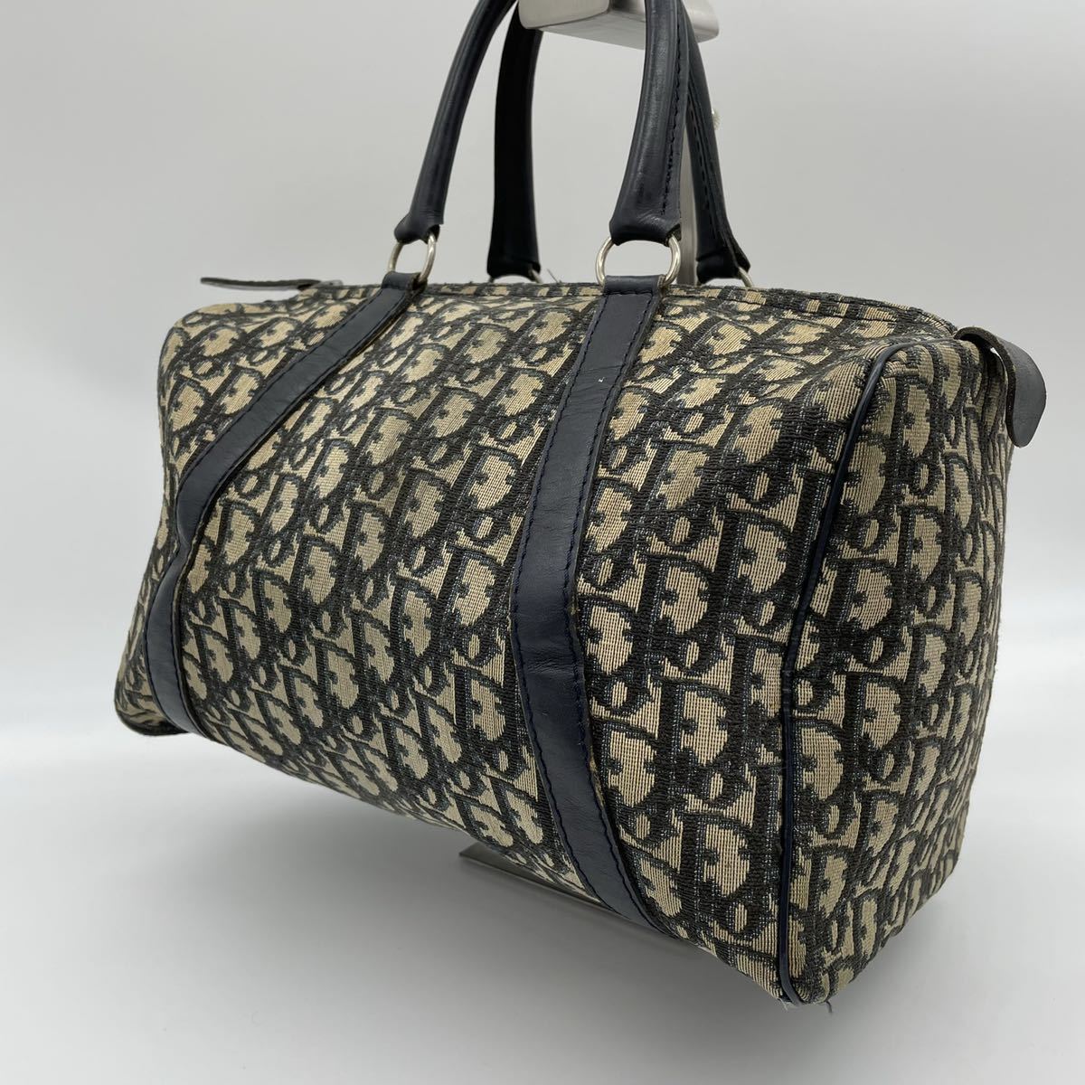1円 Christian Dior クリスチャンディオール トロッター柄 ボストンバッグ ハンドバッグ 手提げ キャンバス ネイビー レディース D55