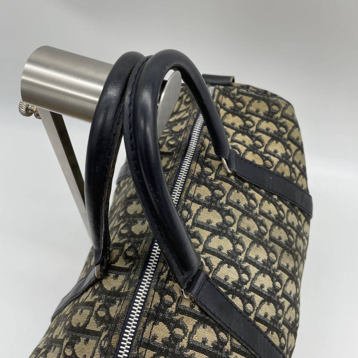 1円 Christian Dior クリスチャンディオール トロッター柄 ボストンバッグ ハンドバッグ 手提げ キャンバス ネイビー レディース D55