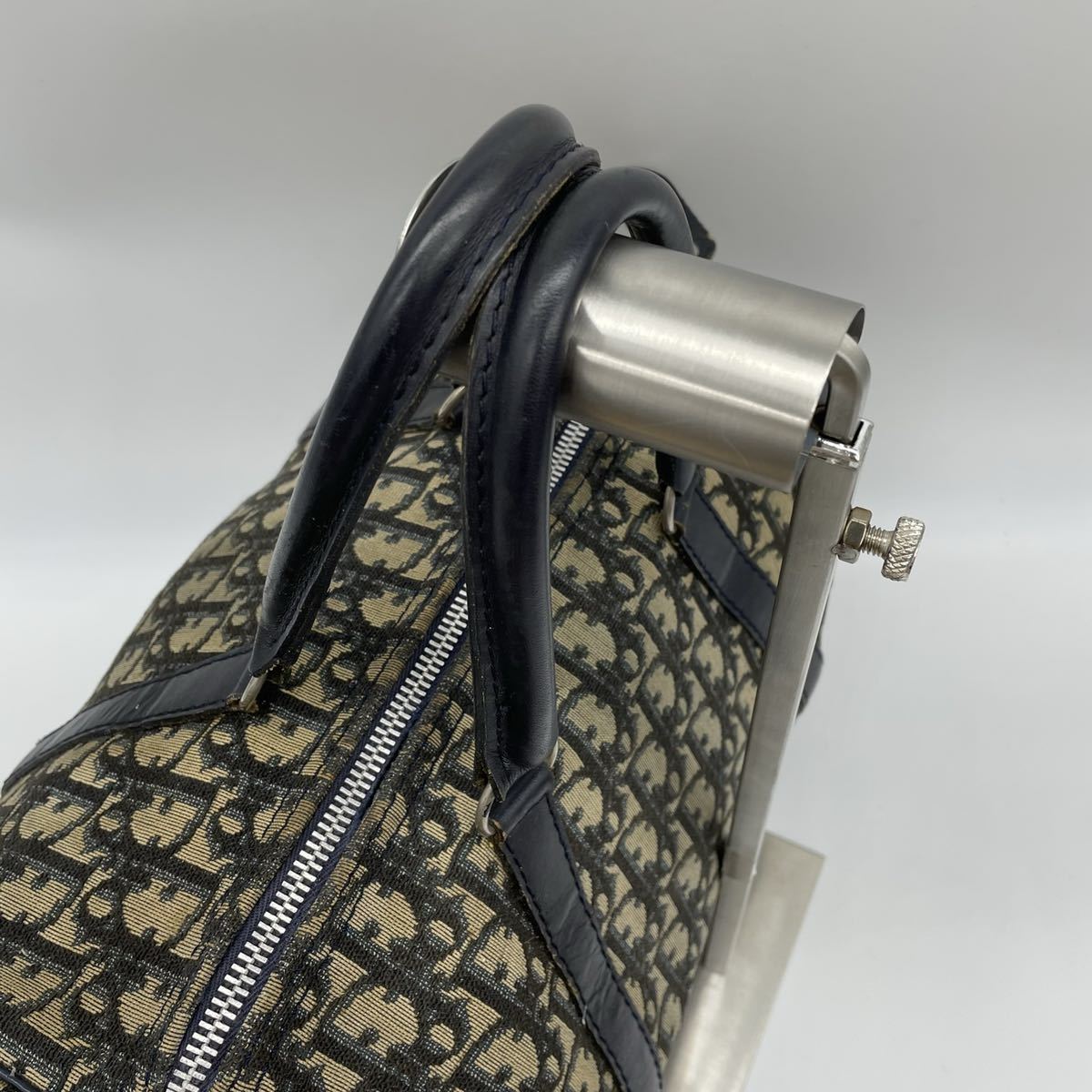 1円 Christian Dior クリスチャンディオール トロッター柄 ボストンバッグ ハンドバッグ 手提げ キャンバス ネイビー レディース D55