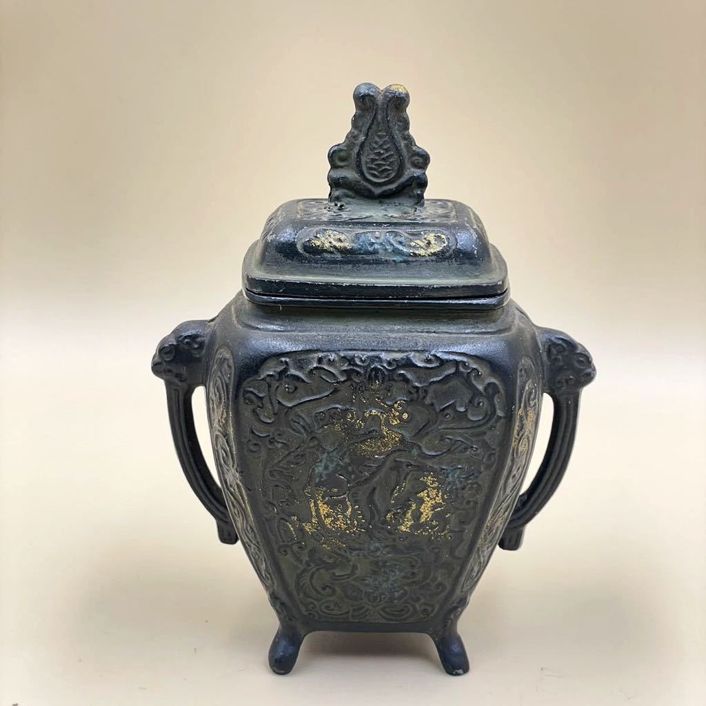 中国　古銅　象摘三つ足香炉　T90刻印　象香炉　二点まとめて　U　R9396 象 中国 唐銅 香炉 透かし火屋 象耳付 古銅製 2026年最新Yahoo