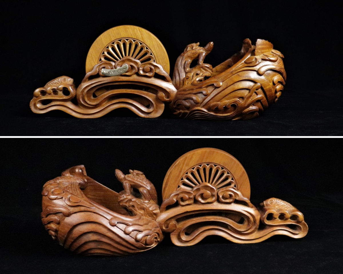 墨壺 木彫り 鳳凰 亀 鯉 大型 大工道具 大文字良栄作】【鶴亀鯉】 墨壺 大工道具 すみつぼ 工芸品 木製 彫刻