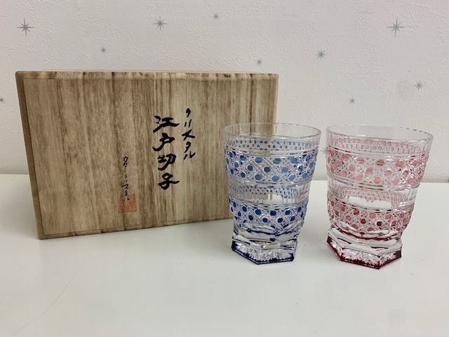未使用！江戸切子　江戸被切子 深鉢 赤きりこ 18cm サラダボール 硝子鉢 n586 江戸切子 赤被せ 高級 切子ガラス 大型 多用碗 鉢 菓子器 二客