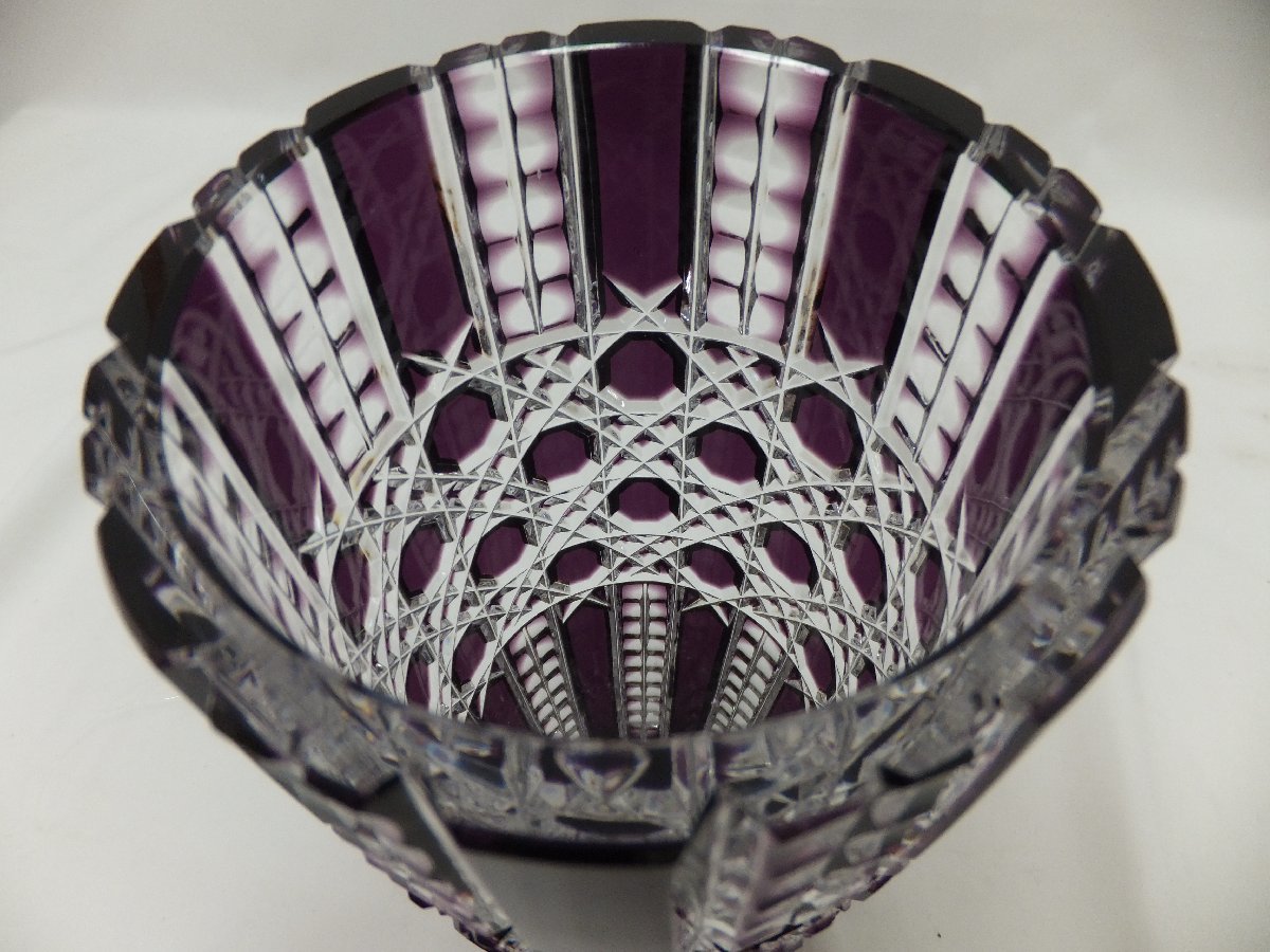 クリスタルガラス 花瓶 パープル系 高級カットガラス 木箱付き 一部
