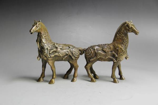 風水開運　銅製 ◇馬・一対◇　置物　精彫