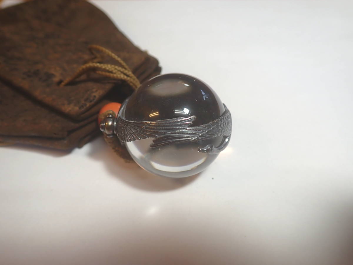 江戸期 純銀鶴紋 本水晶玉 3.4cm むく玉 本物保証 水晶 珊瑚 時代物 
