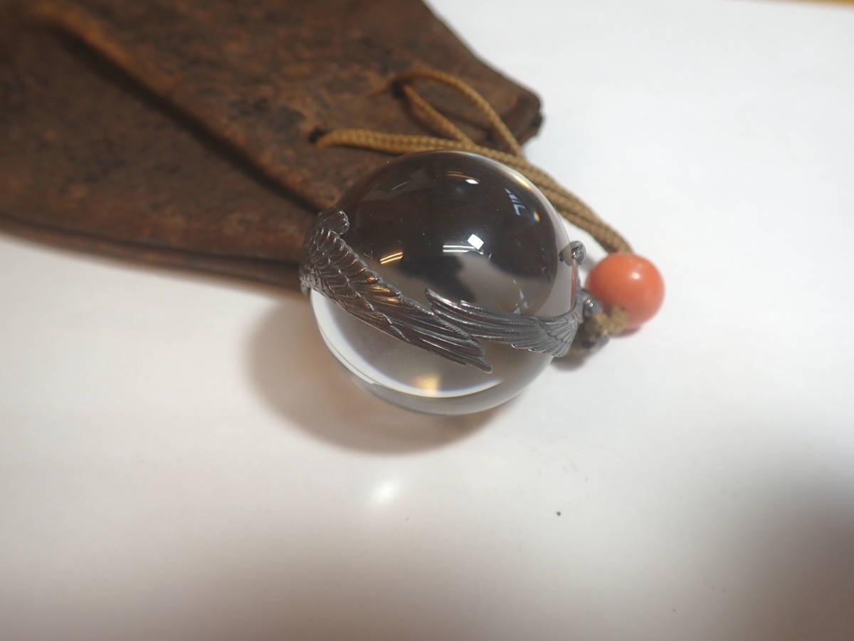 江戸期 純銀鶴紋 本水晶玉 3.4cm むく玉 本物保証 水晶 珊瑚 時代物 