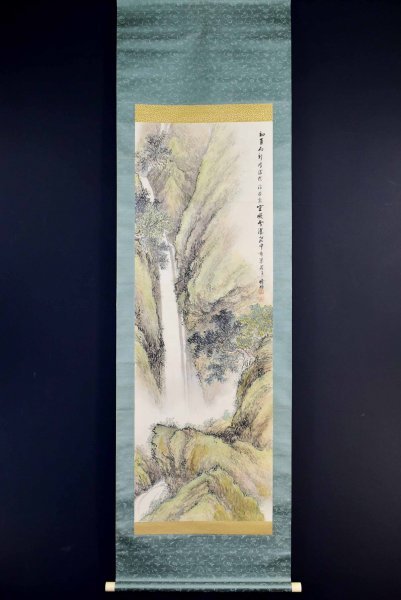 M7699 晴好「高士観瀑図」絹本 共箱 肉筆 大正十年 道具 | - 文進／