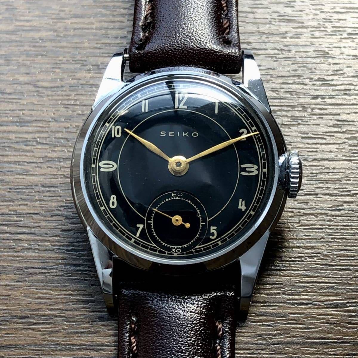 稼働品 セイコー 14K SEIKO 1940年代 腕時計 黒文字盤 スモセコ 希少 ☆ 精工舎 SEIKO セイコー 1940年代 新10A型 バナナムーブメント