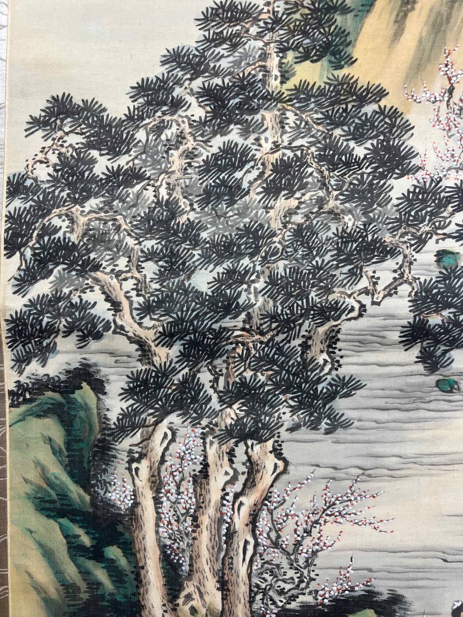 肉筆 手絵 文徴明 山水図 青緑山水 絹本掛軸 三尺中堂 掛軸】〈作者不明〉 『山水図』〔絹本肉筆） 共箱 / 中国画 人物図