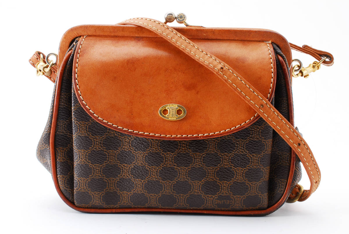【1円スタート】CELINE　ヴィンテージ　セリーヌ　マカダム　ブラゾン　PVC　レザー　がま口ポシェット　ショルダーバッグ　22-4136