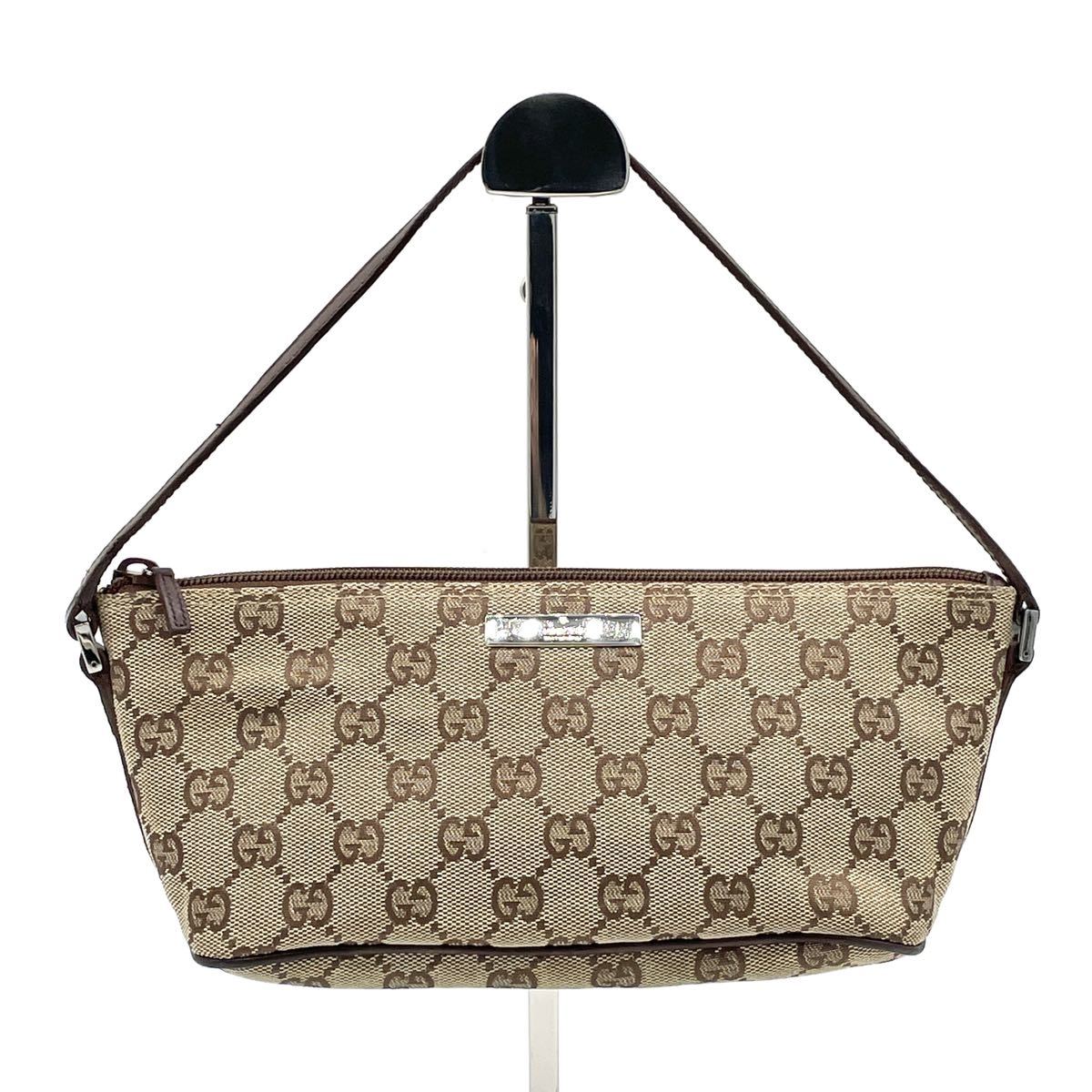 送料無料，安い 1円 GUCCI グッチ GGキャンバス レザー ブラウン アクセサリーポーチ アクセポ ミニハンドバッグ SV金具 07193(かばん、バッグ)｜売買されたオークション情報、yahooの商品情報をアーカイブ公開 - かばん、バッグ