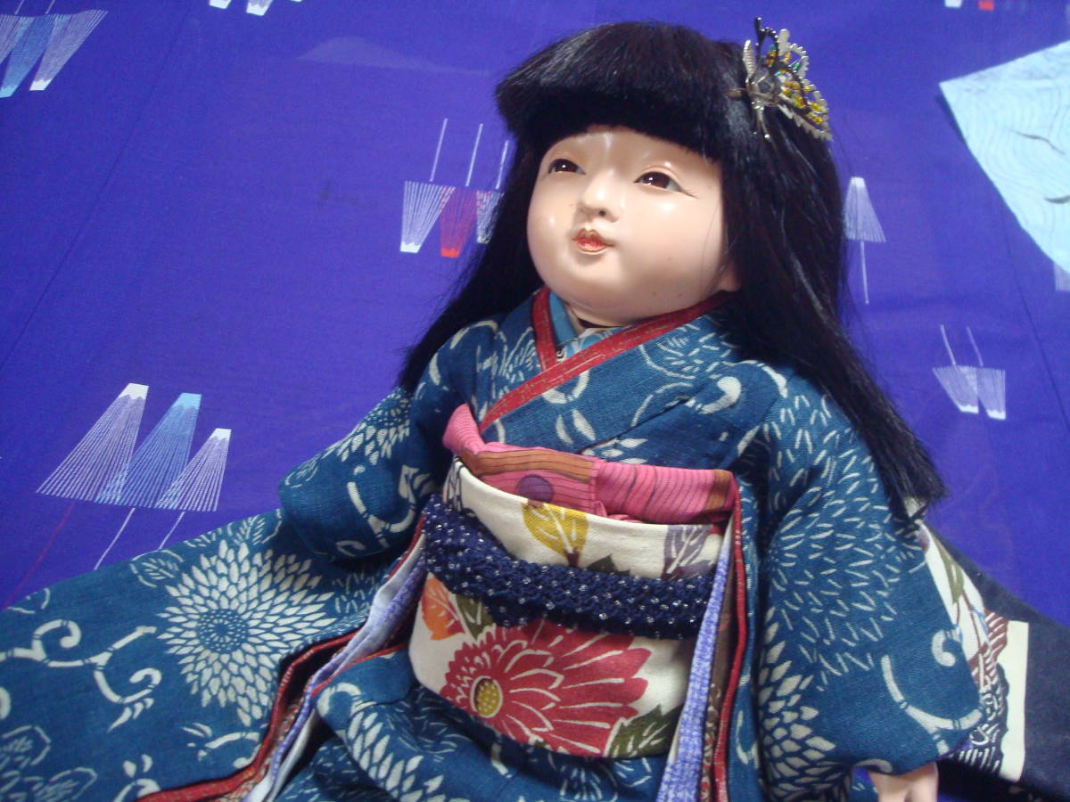 市松さんビスクさん創作人形さんにお単衣着セット12号・大正本藍型 