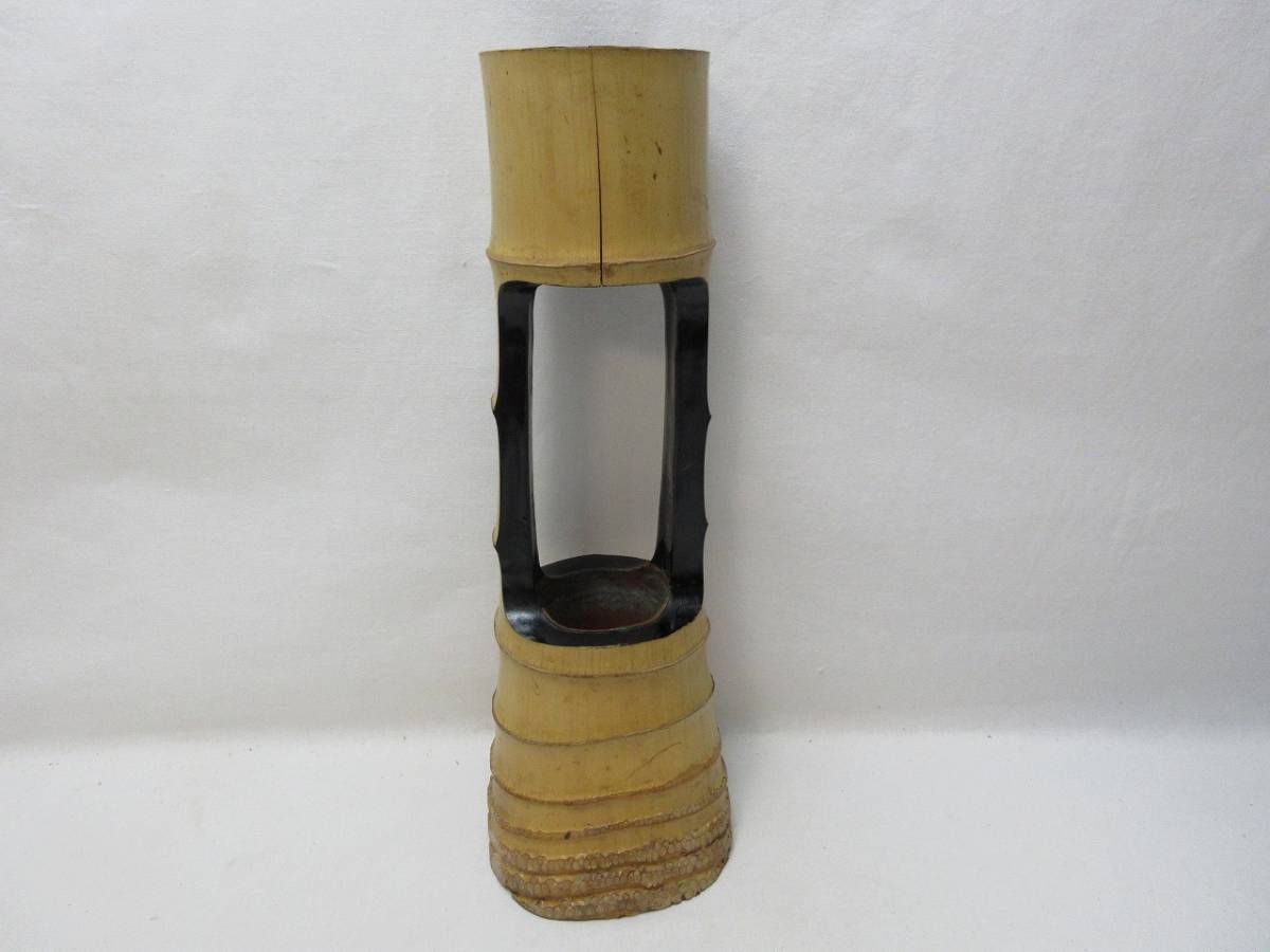 H07341 【 華道具 竹 二重切花入 根付 花器 銅落とし 箱無 】 検