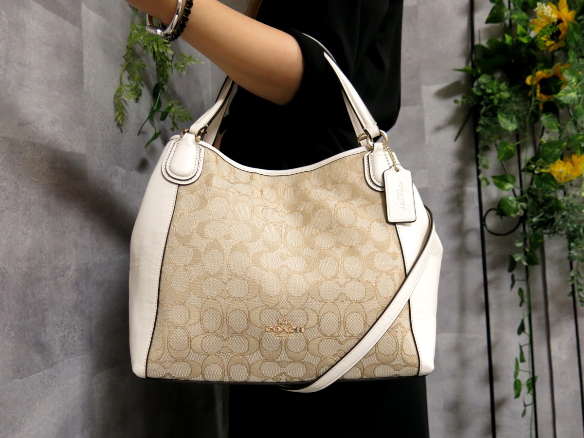未使用●COACH コーチ●36370 イーディ●シグネチャー●キャンバス カーフ レザー 本革●2wayトート バッグ●ベージュ アイボリー●28497 コーチ シグネチャー COACH ウェイバリーバッグ (コーチ) キャンバス(トートバッグ