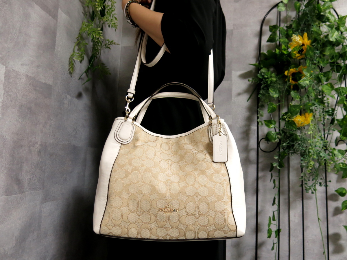 未使用●COACH コーチ●36370 イーディ●シグネチャー●キャンバス カーフ レザー 本革●2wayトート バッグ●ベージュ アイボリー●28497 コーチ シグネチャー COACH ウェイバリーバッグ (コーチ) キャンバス(トートバッグ
