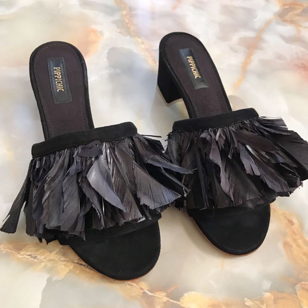 美品　PIPPICHIC フェザー　サンダル　ブラック　36.5 ピッピシック　PIPPI 黒　靴　パンプス　シューズ