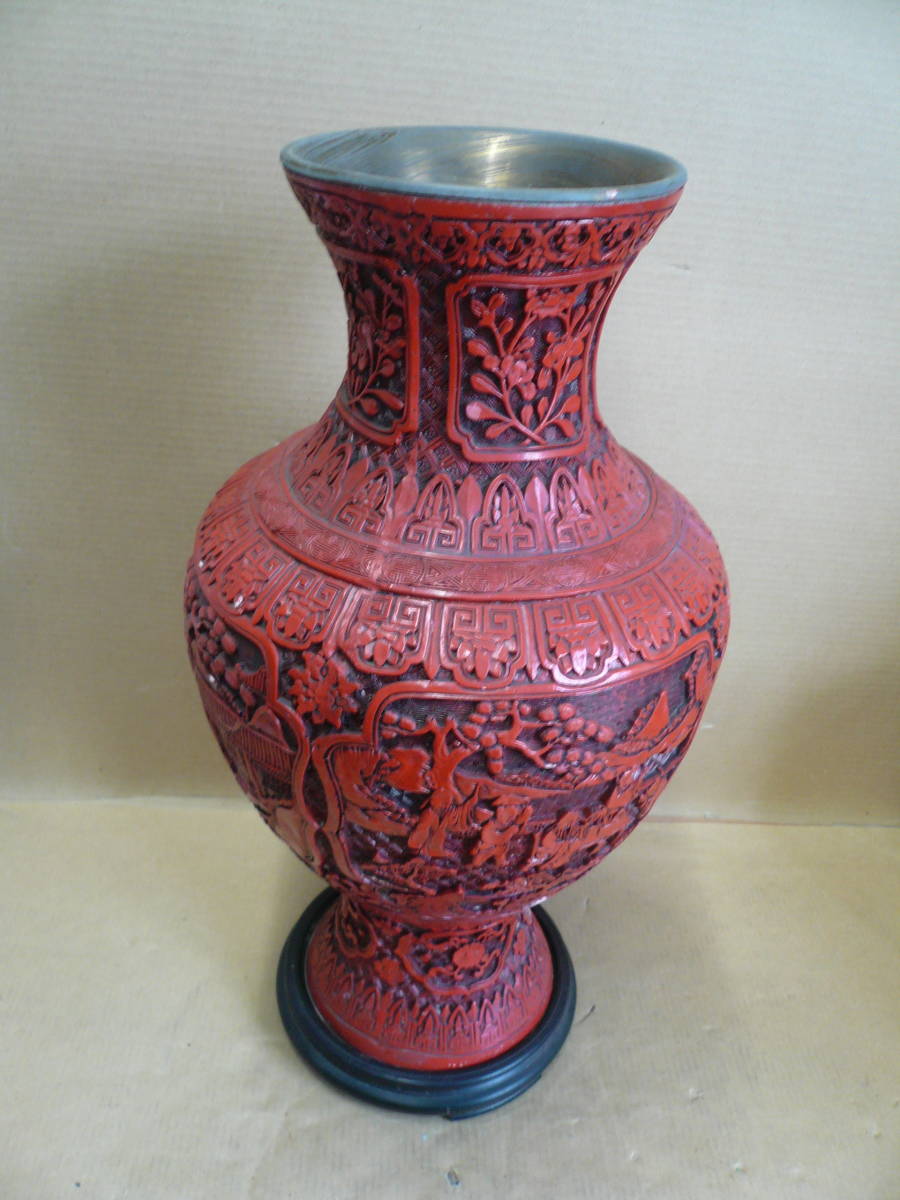 ○飾り壺（台座付）推朱 細密彫刻 漆芸 花器 中国美術 ＃当時物