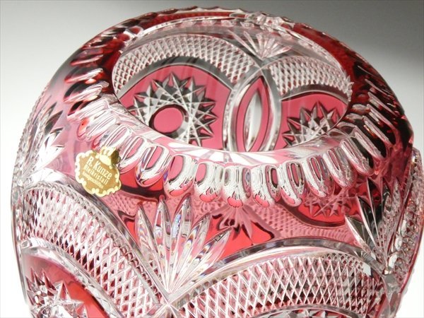 Pn839 R.Kunze ドイツ製 クリスタル 金赤被せ カット 大型 ベース 花瓶