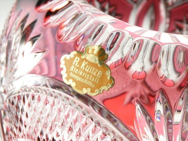 Pn839 R.Kunze ドイツ製 クリスタル 金赤被せ カット 大型 ベース 花瓶