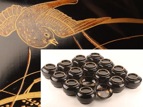 【流】茶懐石道具 黒塗稲穂に雀蒔絵 煮物椀十五客 KI246