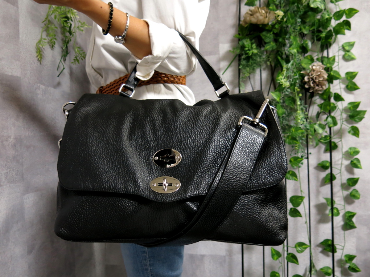 ●超美品●ZANELLATO ザネラート●ポスティーナ●カーフ レザー 本革●2way ハンド バッグ●黒●斜め掛け●A4 収納●書類 かばん●Js28743