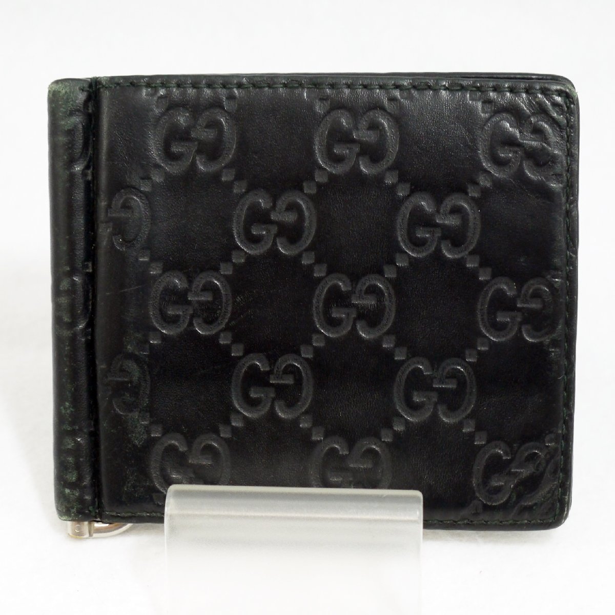 定形外送料無料 USED品・保管品 GUCCI グッチ 170580 シマレザー マネークリップ 2つ折り財布 札入れ ブラック GG柄 ダメージ大 現状品