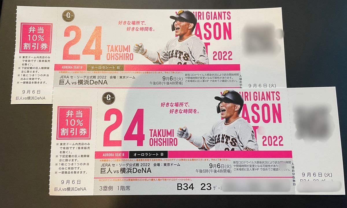 3塁側1 オーロラシートBペア 9⁄26(土)横浜-中日 東京