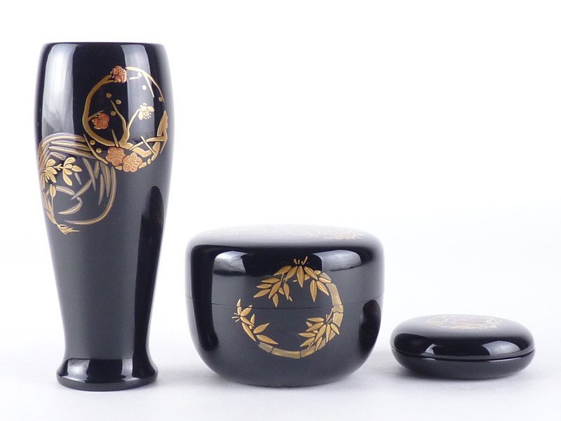 都屋】60 輪島塗 坂一男 四君子花丸蒔絵 茶箱 高さ 約13cm 幅 約21.5cm