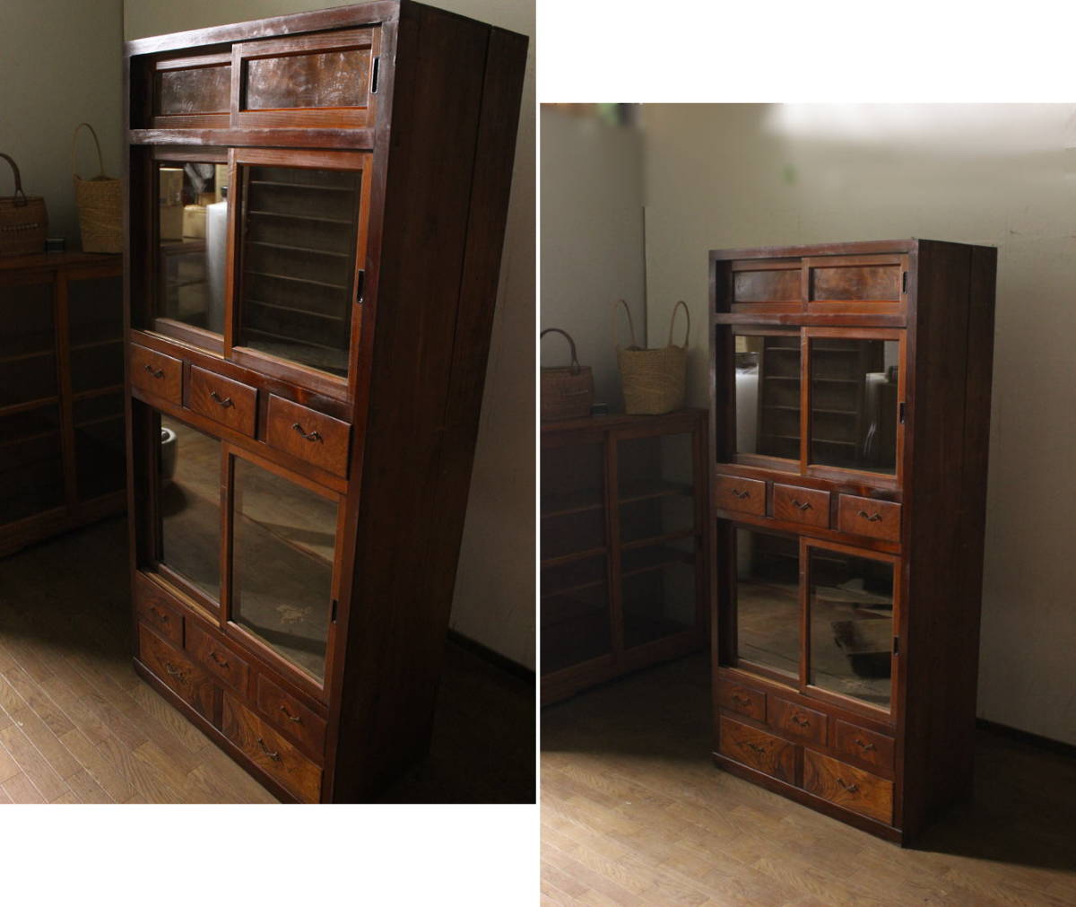 戸棚 食器棚 収納 本棚 ガラス 扉 古家具 古道具 アンティーク 【公式