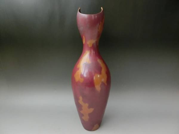 ○天明鋳物師 正田滋久 斑紫銅 花瓶 共箱付○