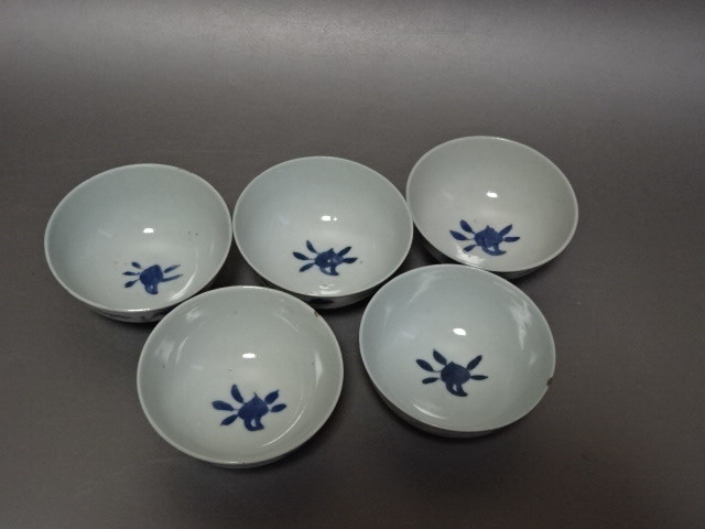 中国明時代 古染付煎茶碗5客 共箱 口径約6.7㎝ 東Y8-0522☆新 トコチ
