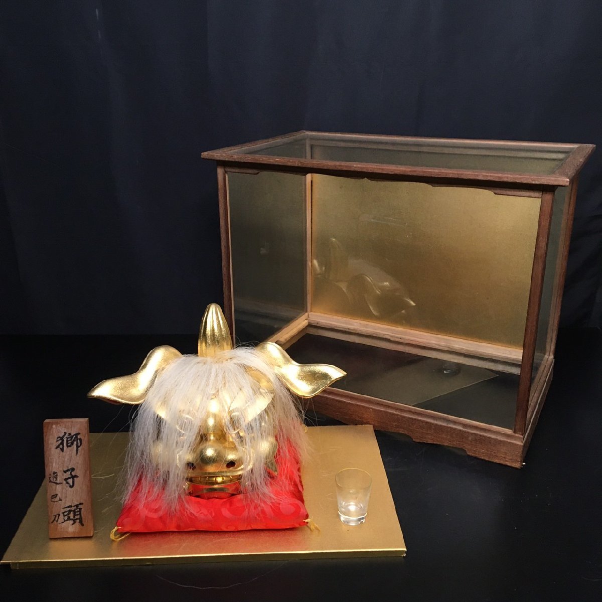 RT0818-4-3 進巴刀 金獅子頭 金獅子 獅子舞 置物 骨董 彫刻 木彫 箱付