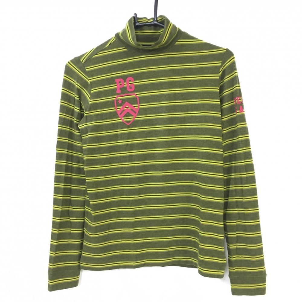 【美品】PEARLY GATES パーリーゲイツ 長袖ハイネックシャツ イエロー×黒 ボーダー柄 ストレッチ レディース 1(M) ゴルフウェア