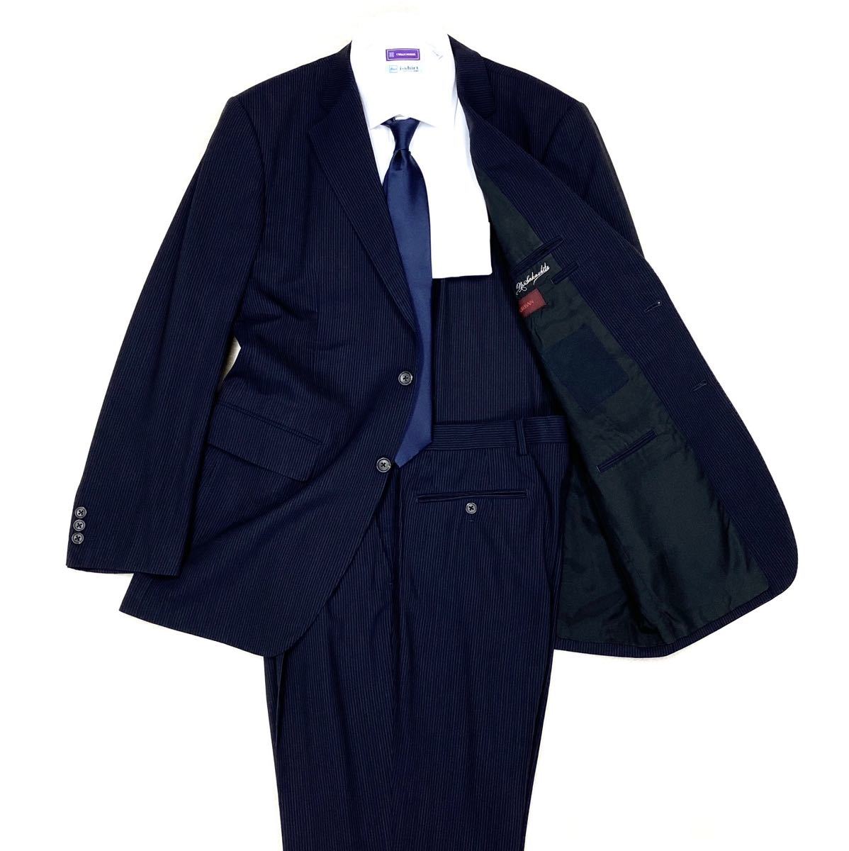 Q850 D'URBAN ダーバン 日本製 艶感 半裏仕様 背抜き ストライプ ジャケット セットアップ スーツ メンズ ネイビー 濃紺 XL相当!!
