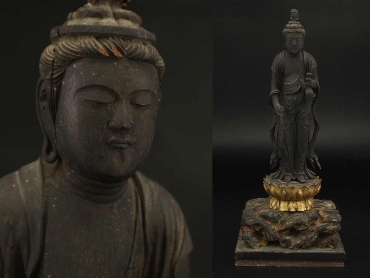 時代 木彫 十一面観世音菩薩 仏像 置物 仏教美術 精密彫刻 底面に書き込み