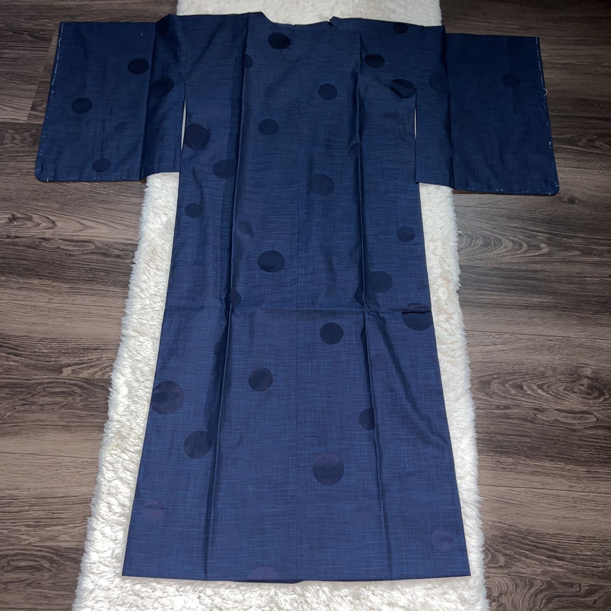 未使用 絹 道行コート ロング丈 藍色 同色水玉 身丈127.5cm 裄63cm 