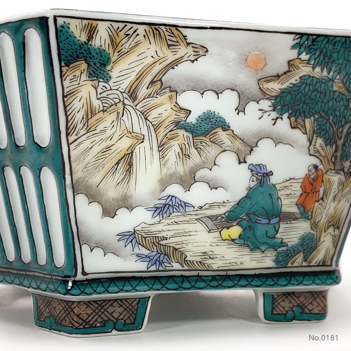 盆栽 色絵山水人物図六角透かし鉢 鉢⁄盆栽⁄谷樂方山⁄色絵山水