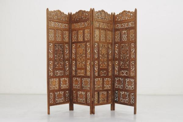 ★asianチーク無垢★4つ折りパーテーション★透かし彫り★695y16