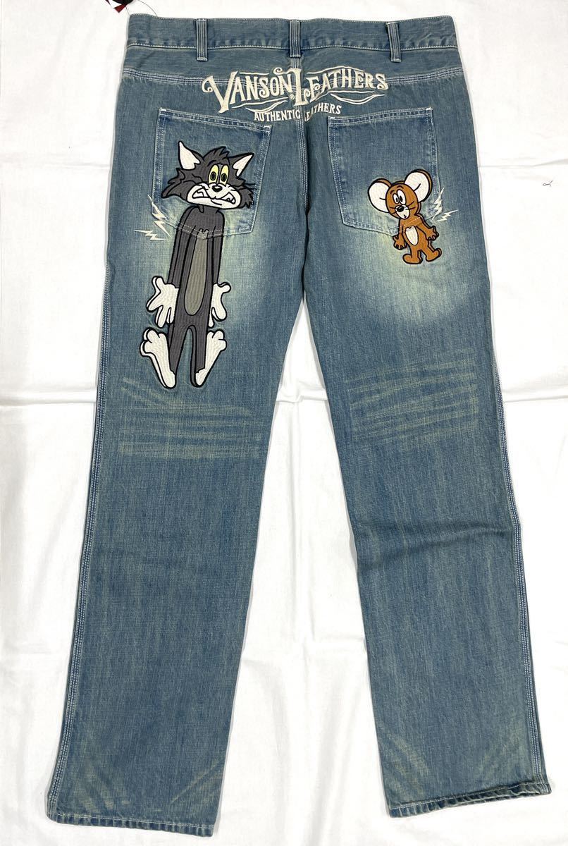 VANSON×TOM and JERRY トムとジェリー バンソン コラボ 刺繍 デニムパンツ ユーズド加工 ジーンズ TJV-2223 インディゴ-B 36インチ JERRY TOM トムとジェリー ペンキ TJV-2320 と