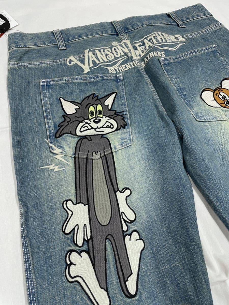 VANSON×TOM and JERRY トムとジェリー バンソン コラボ 刺繍 デニムパンツ ユーズド加工 ジーンズ TJV-2223 インディゴ-B 36インチ JERRY TOM トムとジェリー ペンキ TJV-2320 と