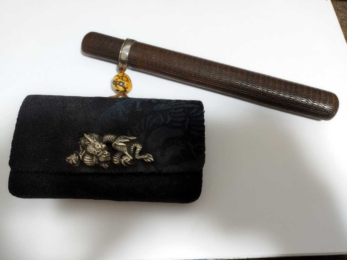 純銀製　刻印　両国　村田　キセル　時代物　送料無料　総重量34.4g 超希少 骨董品 両国 村田キセル セット 金K20 刻印有 象牙風根付 幡龍