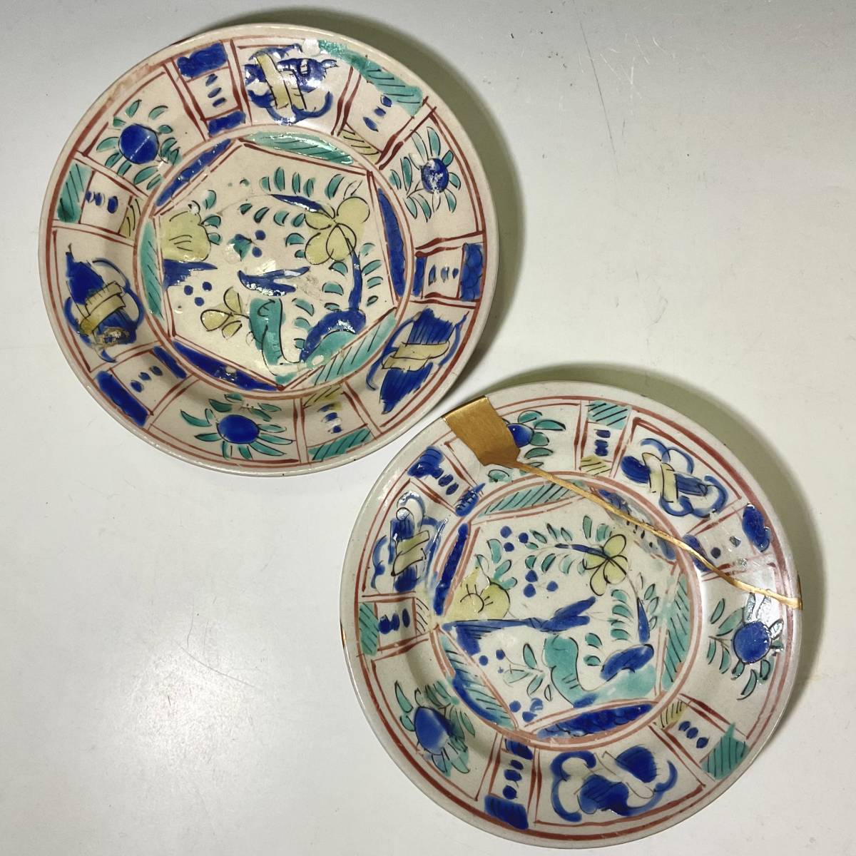 (翔)古伊万里 色絵 江戸前期 寛文期 初期柿右衛門 初期赤絵 芙蓉手 皿 四寸 2枚組 参考品に最適 1660-1670年代前後前後