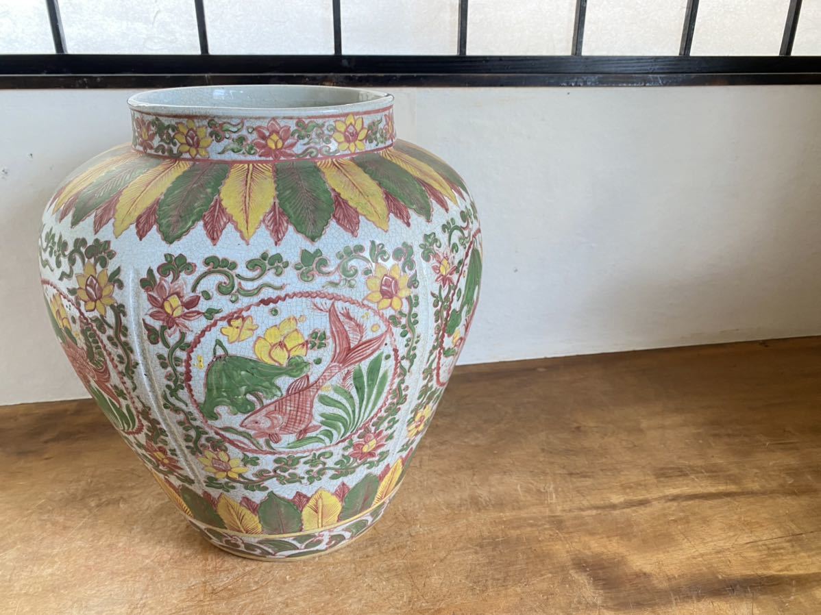 ET758] 中国 古玩 磁州窯 金魚紋 古美術 金魚鉢 メダカ鉢 花器 花生