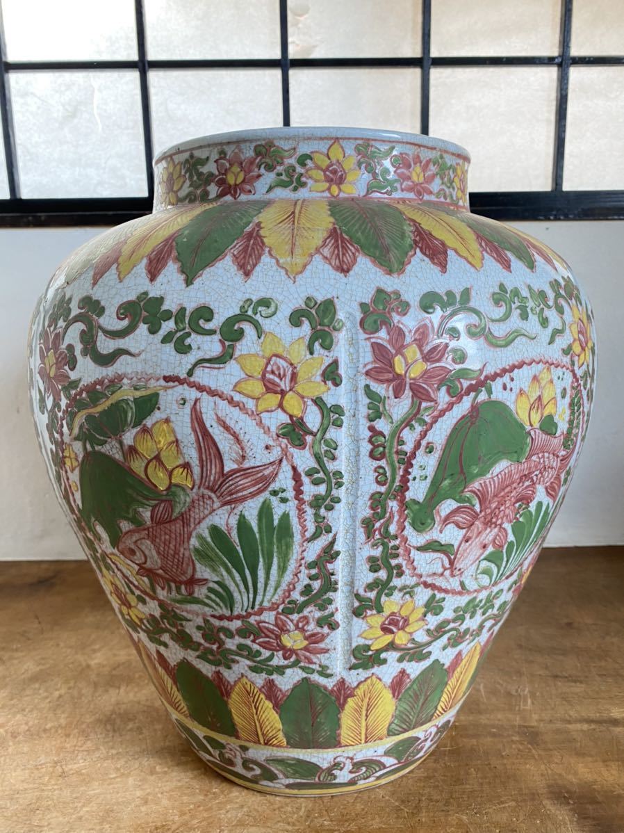 ET758] 中国 古玩 磁州窯 金魚紋 古美術 金魚鉢 メダカ鉢 花器 花生