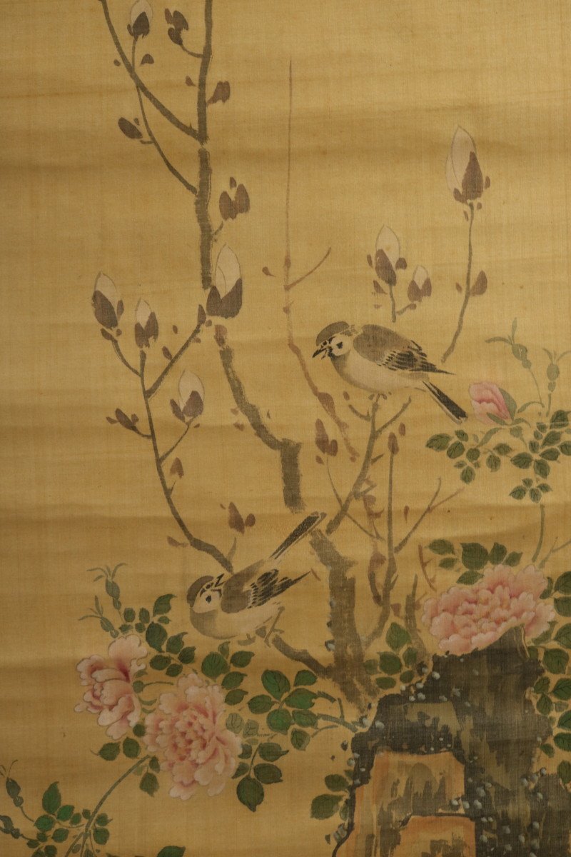 山本梅逸 掛け軸 掛軸 - 江戸 絹本 彩色花鳥図 真作山本梅逸 花鳥図の