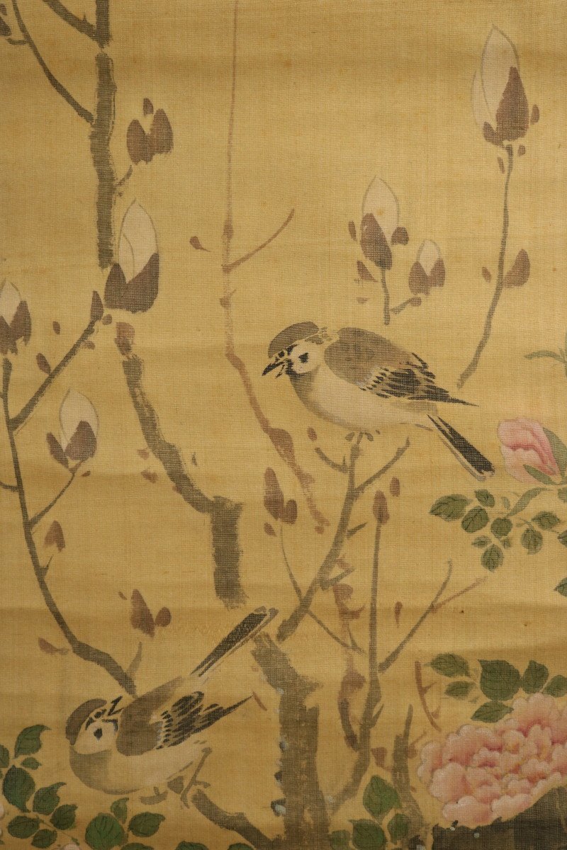 山本梅逸 掛け軸 掛軸 - 江戸 絹本 彩色花鳥図 真作山本梅逸 花鳥図の