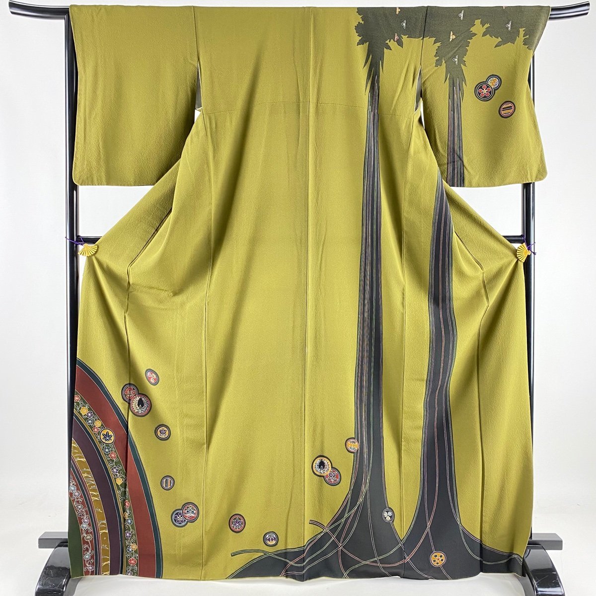 【競ナビ】 訪問着 秀品 丸文 花唐草 鶯色 袷 169.5cm 68cm L 正絹 【中古】