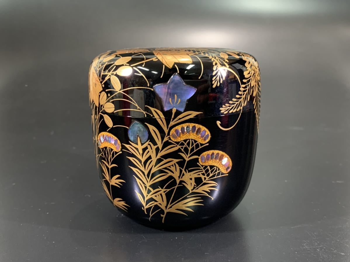 高級漆器 一后一兆作 輪島塗 「秋草 棗」 金彩蒔絵 螺鈿細工 茶道具 漆 